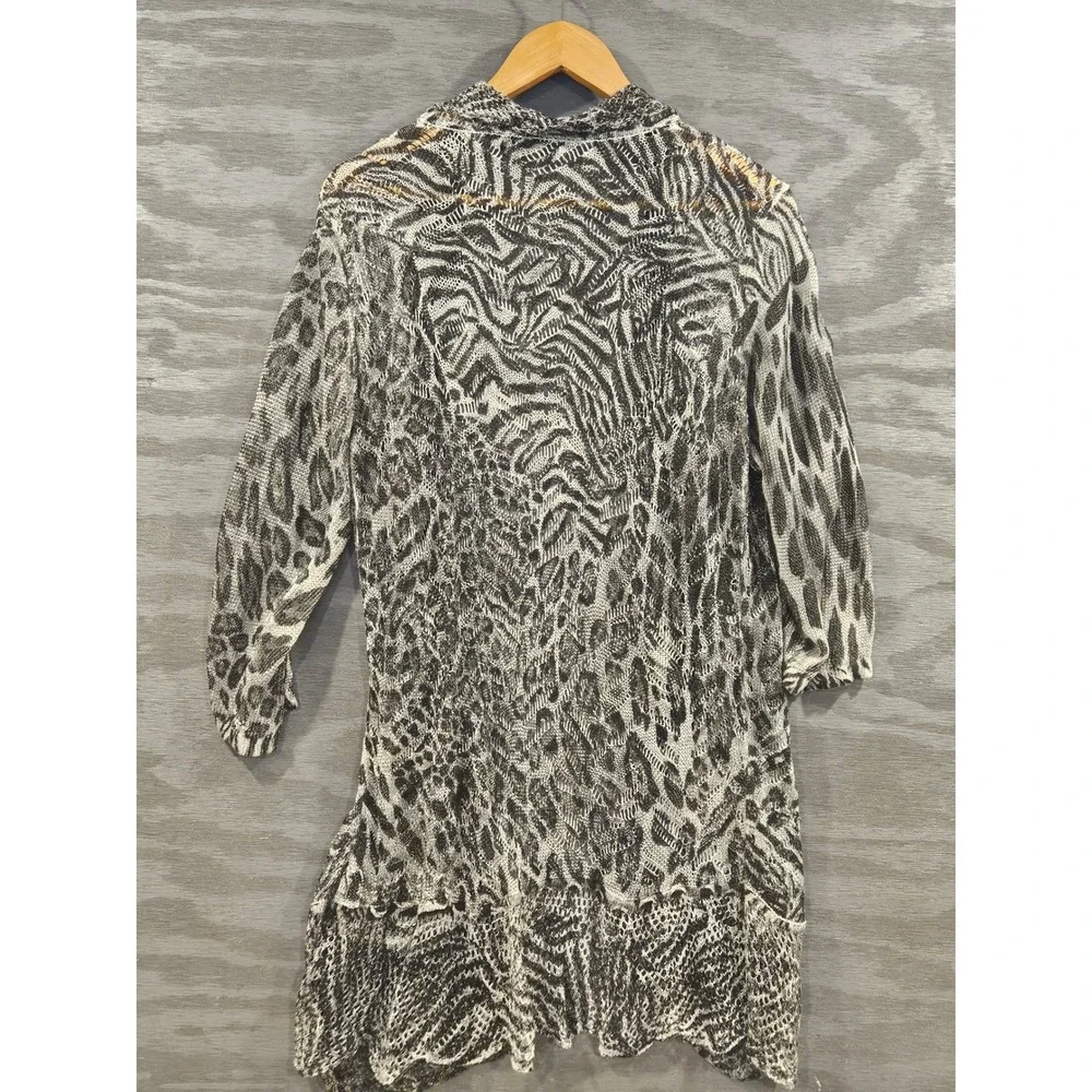 Alberto Makali Linen Blend Animal Print Pointelle Knit Open Cardigan XL Neutral
